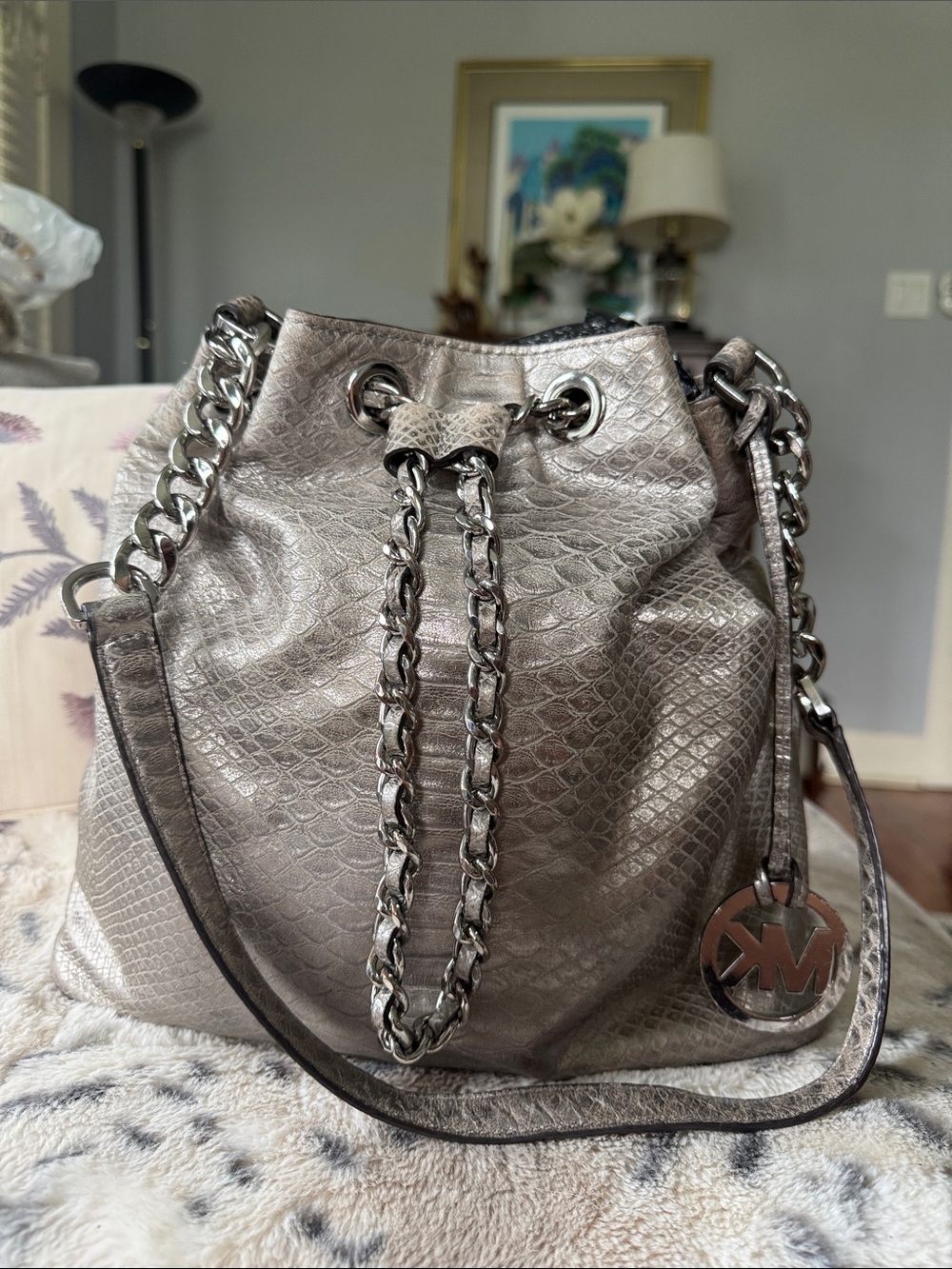 Michael Kors Metallic Silver Snake-Embossed Chain-Trim Hobo